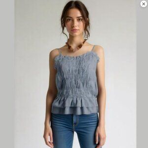 Style House Pale Blue Stretchy Elastic Ruffle Adjustable Spaghetti Strap Top